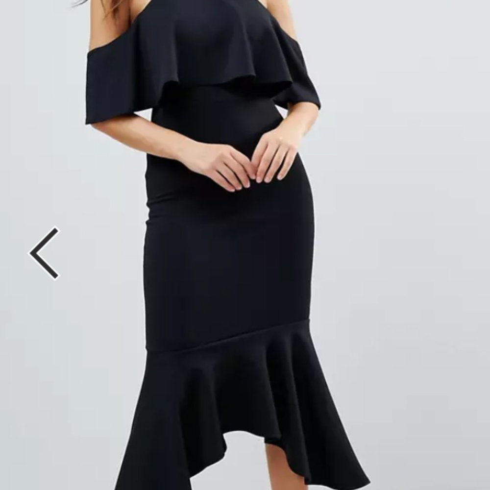ASOS Ruffle Cold Shoulder Asymmetric Pephem Midi Dress